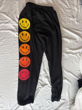 Aviator Nation Black Sweatpants with Vertical Rainbow Smiley Faces Like New
